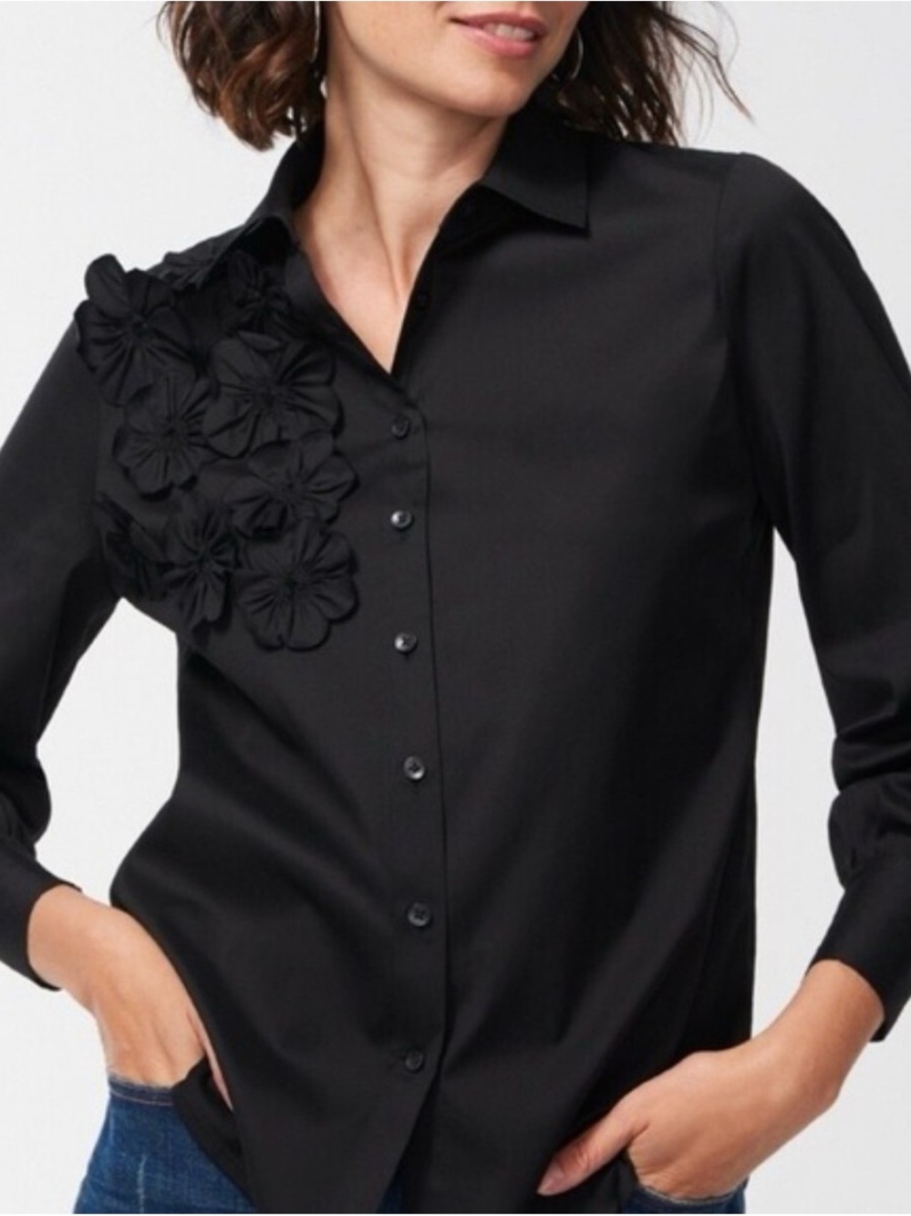 Chico's Poplin Tunic 3D Floral Appliqué Black Button Down NWT Women’s 12 Office